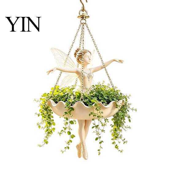 Small Pothos Hanging Container Fairy Ballet Dancer Mermaid Planter, Resin Decorative Flower Pot with Metal Chain, Wall Vase Outdoor Indoor Garden