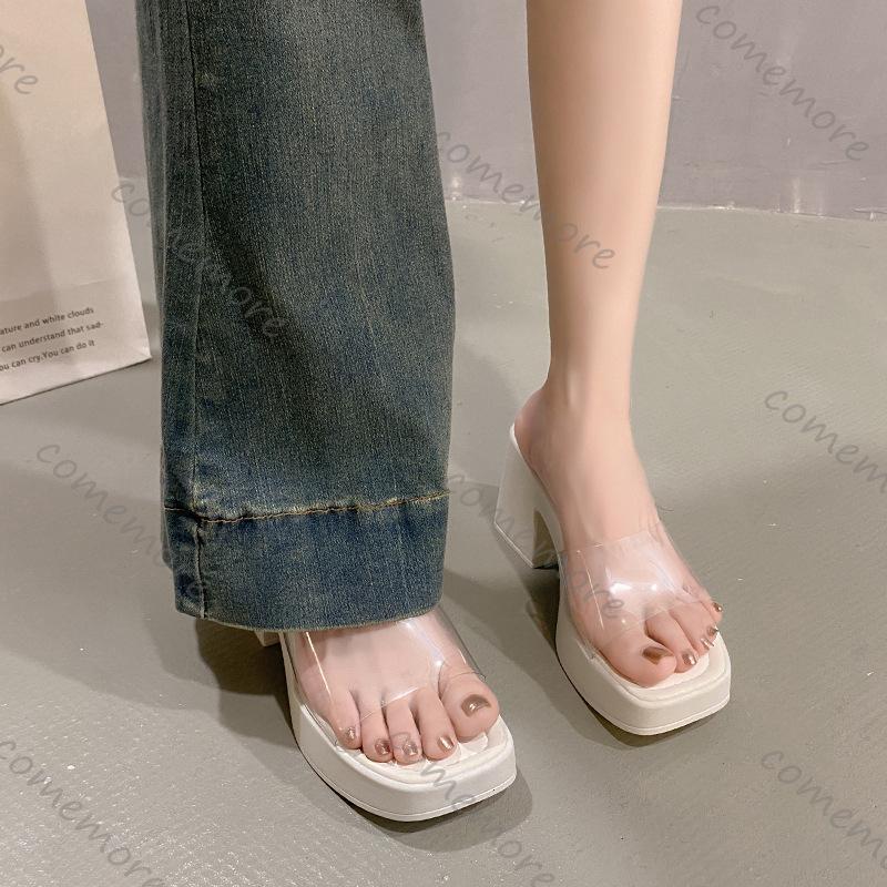 Comemore High-heeled Women's Shoes Transparent Slipper Thick Heel Heightening Thick Bottom Summer Outside Wear Slides