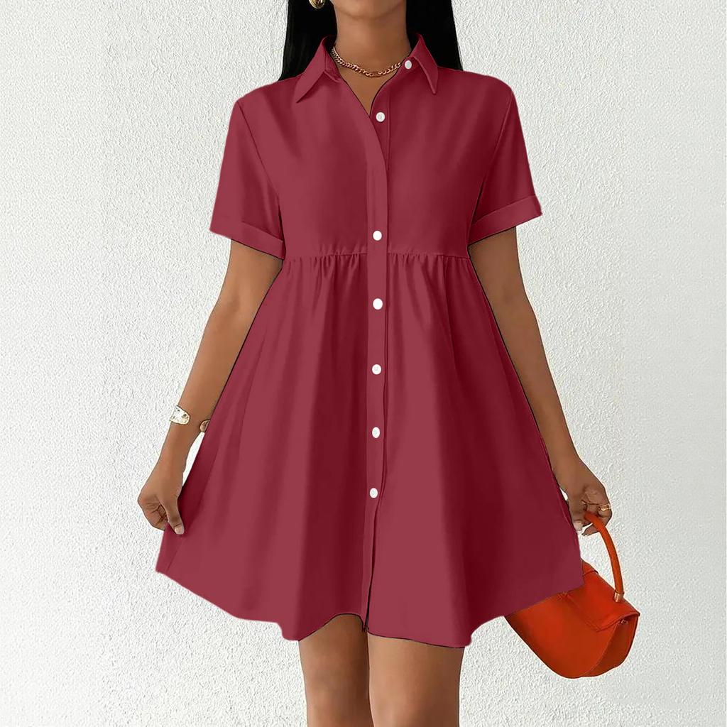 Women Short Sleeve Shirt Dress Button Down Collared Loose Fit Casual Mini Dress with Pockets Summer Style