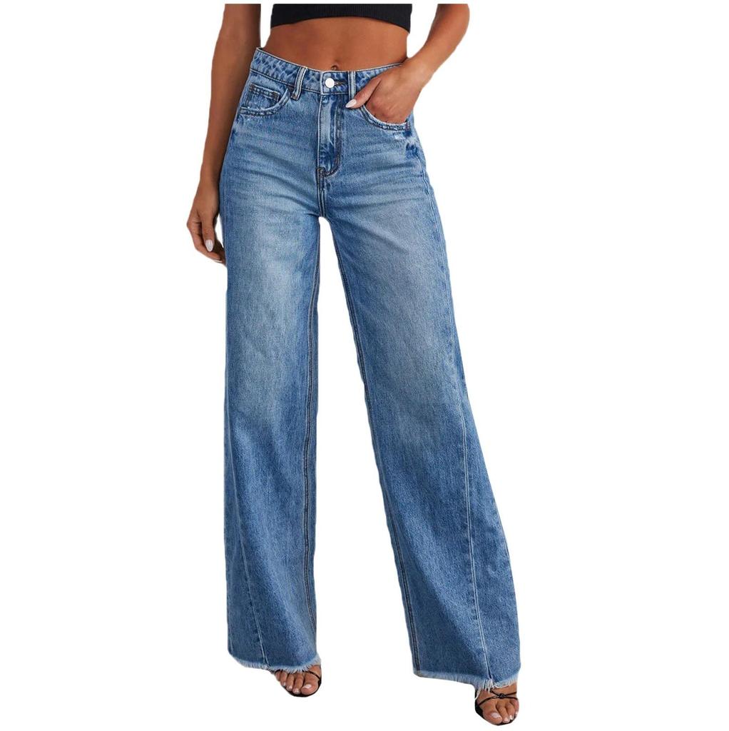 Women Baggy Mid Waist Jeans Wide Leg Loose Denim Pants Straight Leg Cropped Barrel Jeans