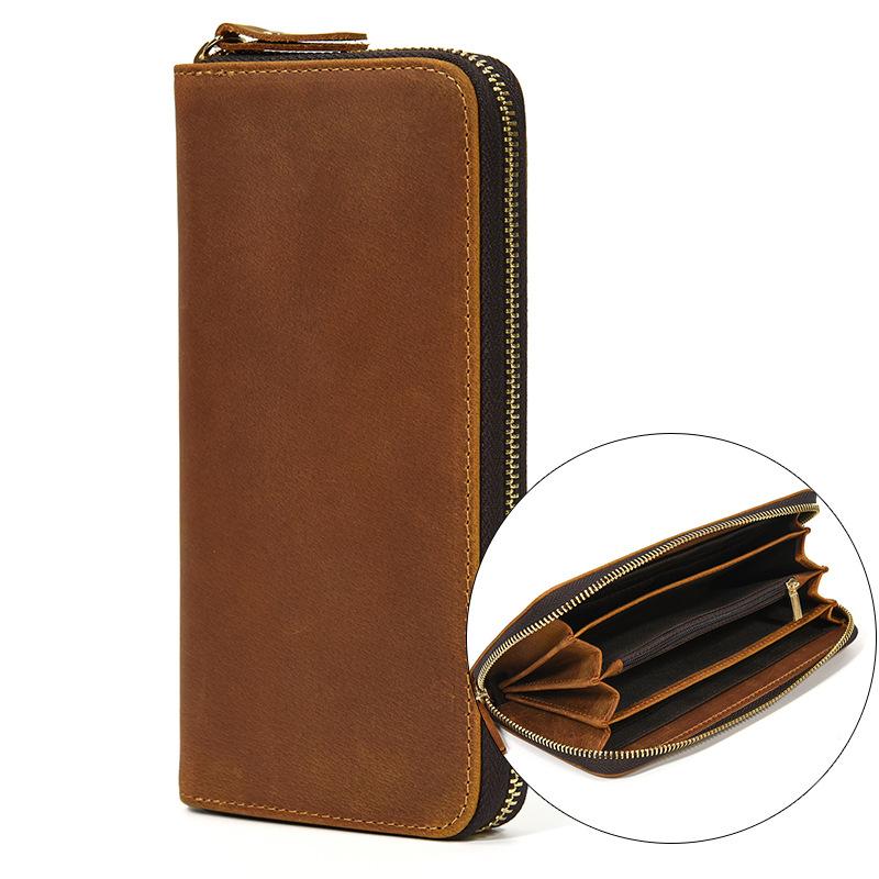 Retro Crazy Horse Leather Purse for Men Clutch Purse Double Zipper 24 Cards Clutches Vintage Woman Genuine Leather Long Wallet