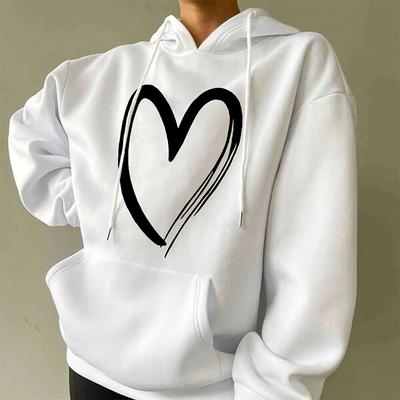 Sweatshirt Women's Heart-print Plush Top For Loose Casual Sports Hooded Pullover