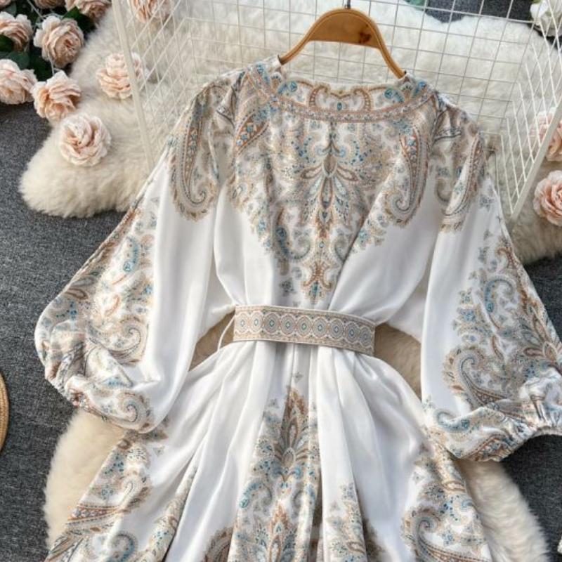 Court Style Retro Printing One Piece Dress Women V-neck Elegant Short Party Dresses Female French Belt High Waist Chic Dress Vacation
