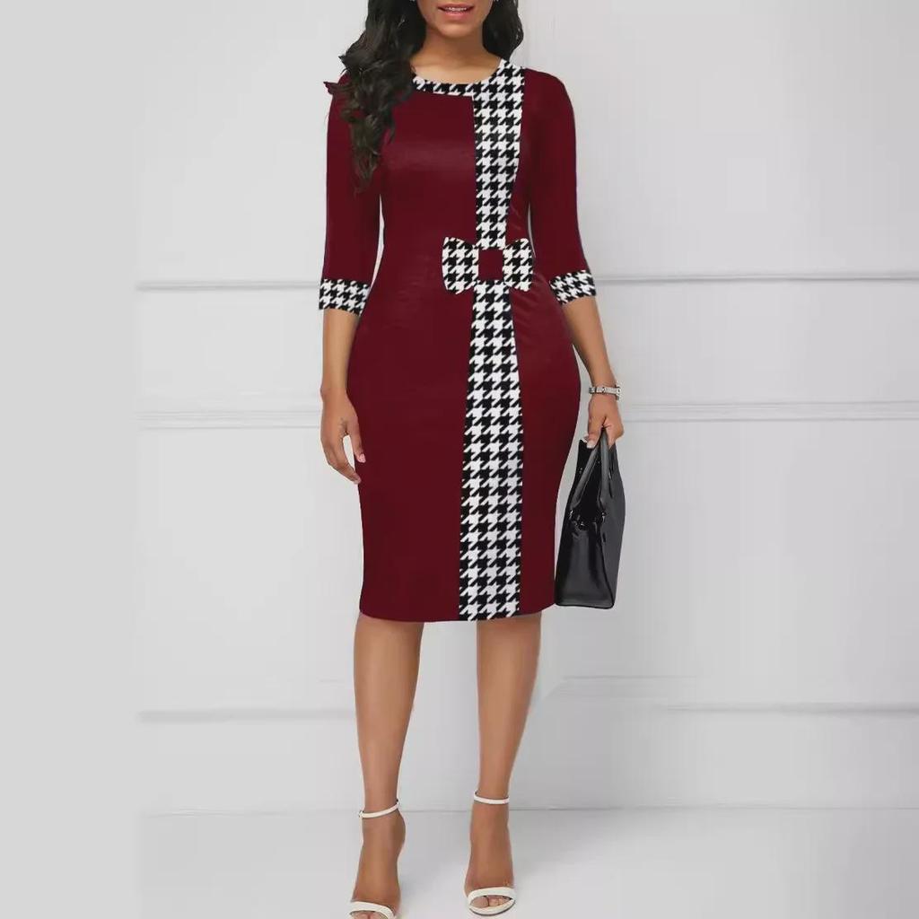 European & American Elegant Puzzle Print Three-Quarter Sleeve Dress