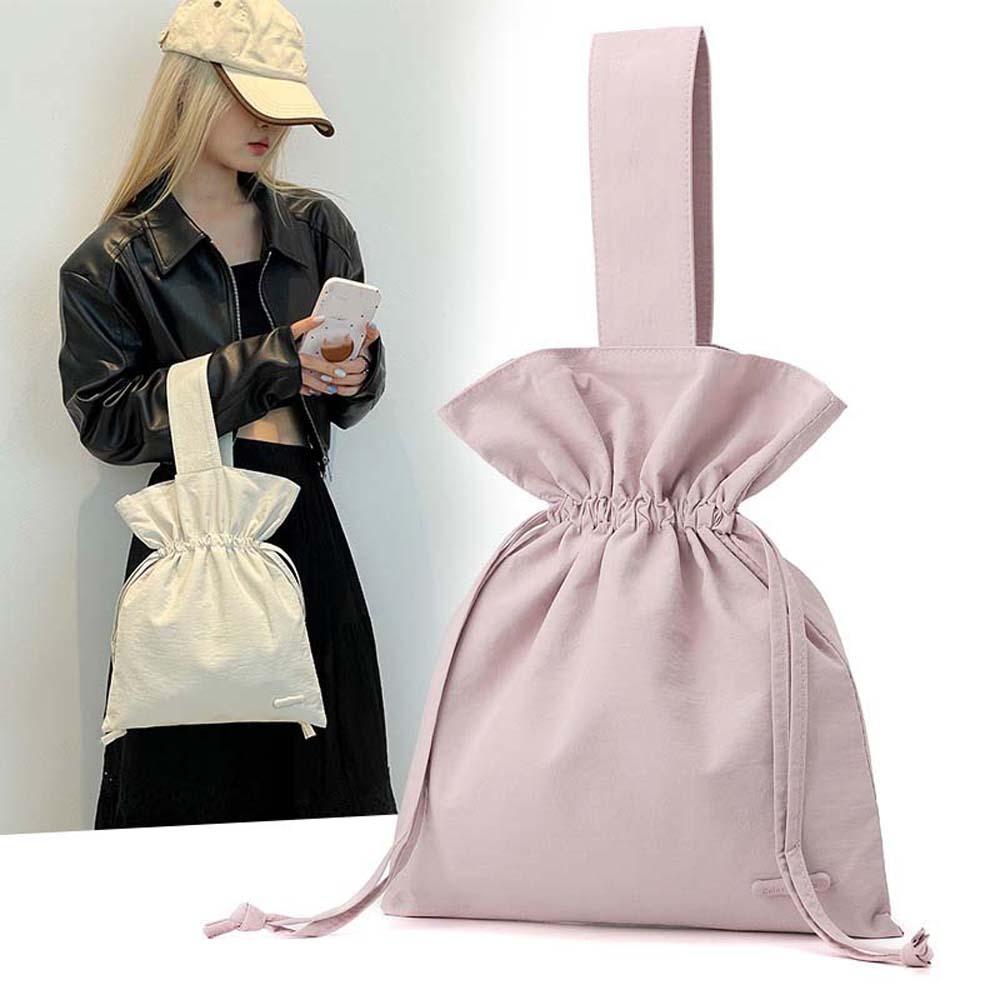 Large Capacity Nylon Drawstring Bag Portable Pleated Bucket Bag Solid Color Handbag  Girls