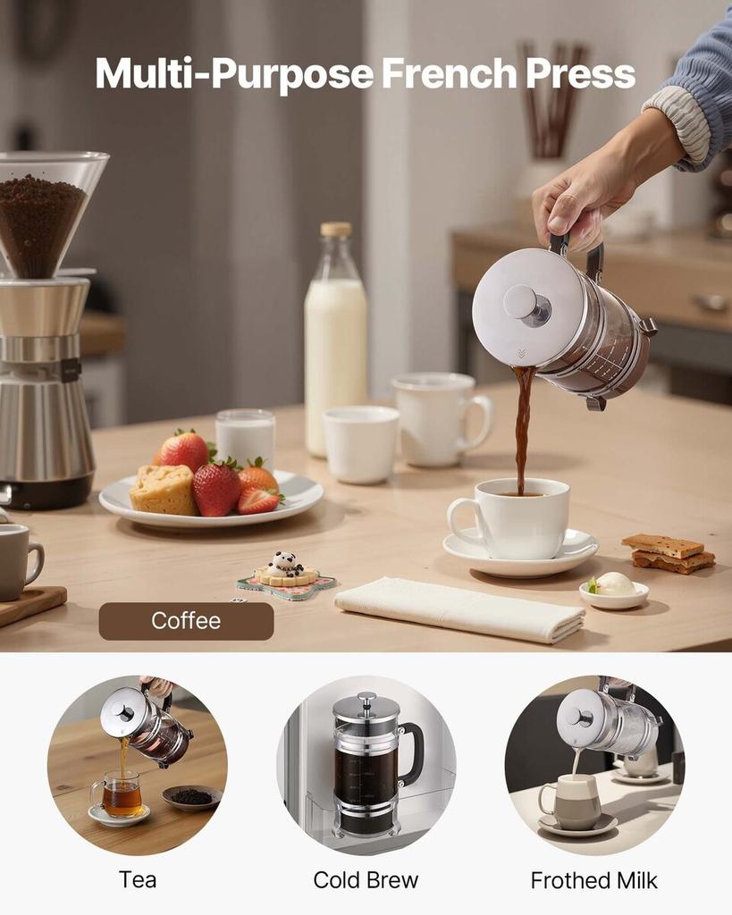 French Press Coffee Maker, 1 Liter Borosilicate Glass Coffee Press Tea Maker with Stainless Steel Filter, Large Glass French Presses Cold Brew for