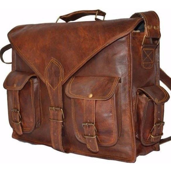 

Мужская натуральная винтажная коричневая кожаная сумка через плечо сумка для ноутбука портфель 15 x 11 x 4 in