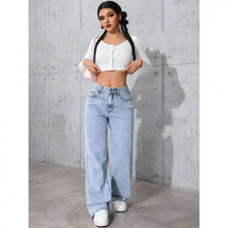 European and American High-Waisted Women's Washed Plus Size Wide-Leg Jeans