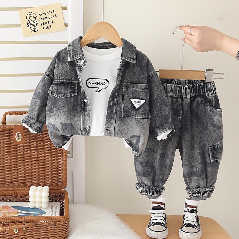 0-5-year-old boys' long sleeved 3-piece set, Boys' handsome denim jacket, Children's fashionable casual set