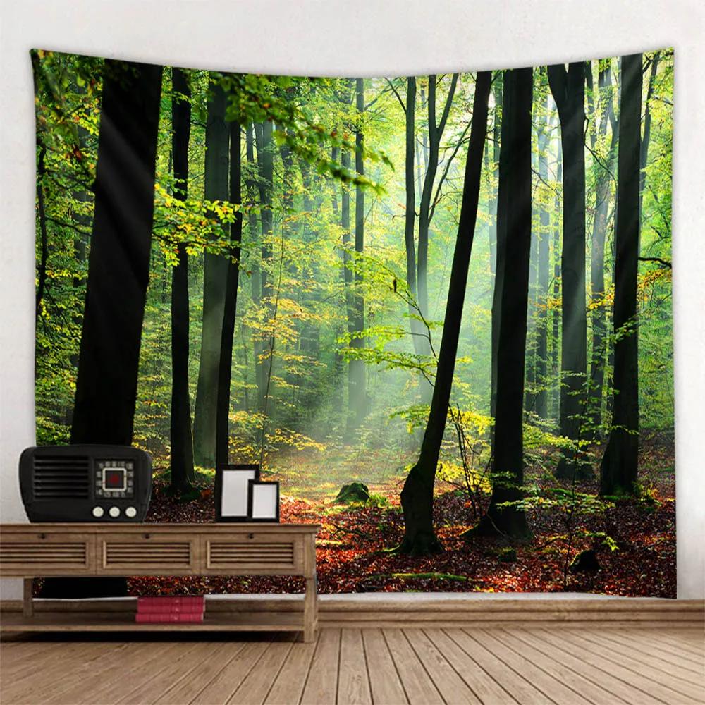Sunshine Forest Tapestry Natural Landscape Wall Hanging Hippie Home Living Room Bedroom Background Cloth Poster Blanket