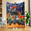 Contemporary Hand-Wash Flannel Throw Blanket with Cartoon Monster Trucks Pattern – All-Season Multipurpose Soft Knitted Polyester Bedding Fo