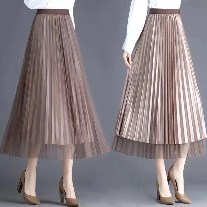 Qooth Summer Autumn Tulle Calf Length Pleated Skirts Simple Casual Slimming A Line Skirt for Women QT2586