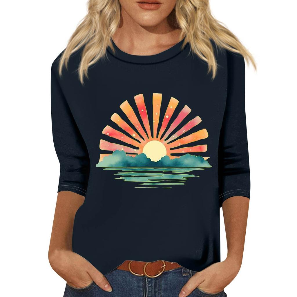 Moda Donna Ampio Casual Manica Sette 3/4 Stampato Girocollo Maglia Pullover
