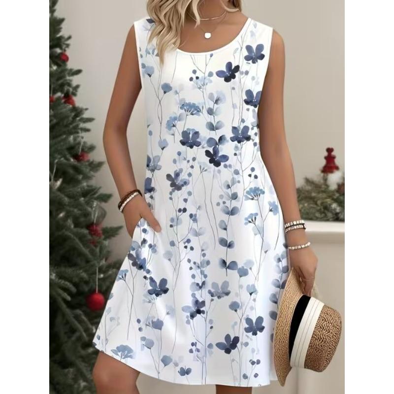 

Women s Artistic Flower Printed Sleeveless Round Neck Dress Loose Soft and Comfortable Plus Size Dress XS белый