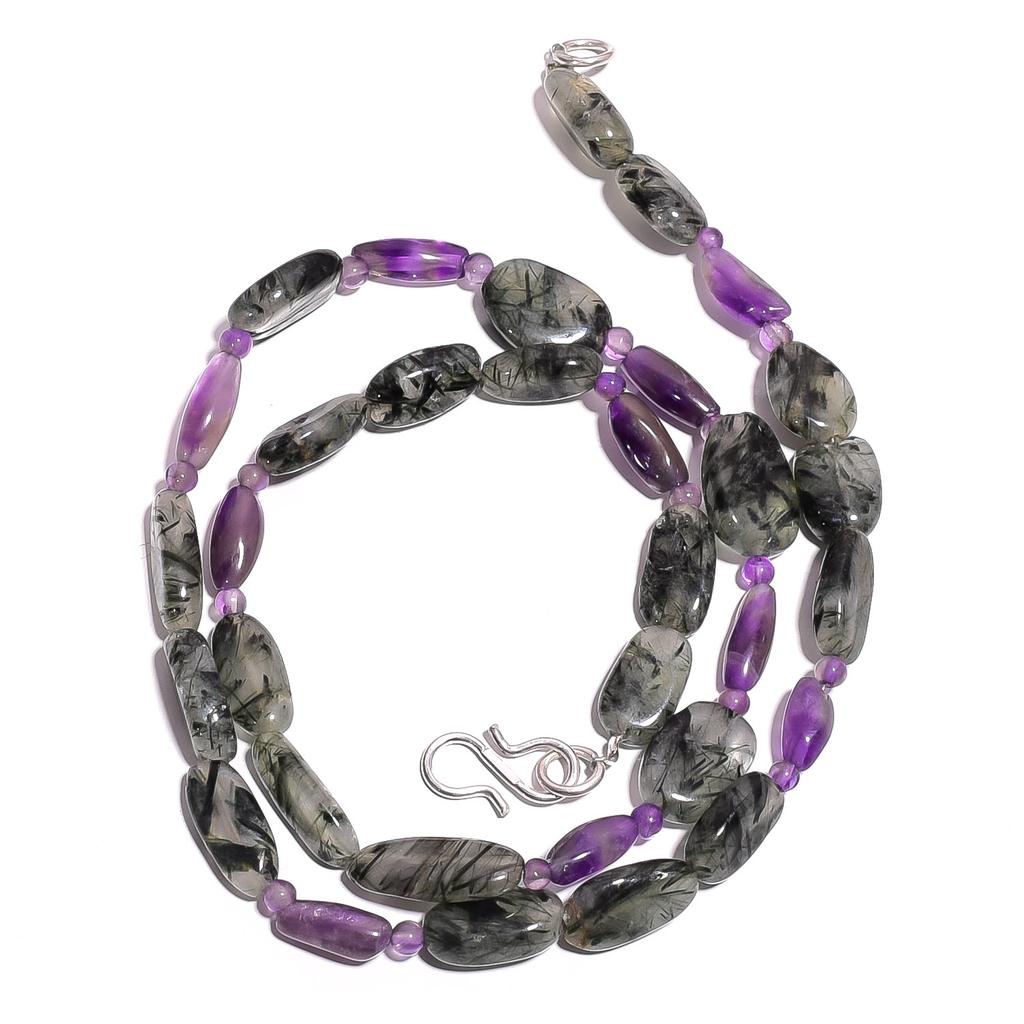Natural Black Rutile Amethyst Gemstone Mix Smooth Beads Necklace 17" UB-4015 UB-4015