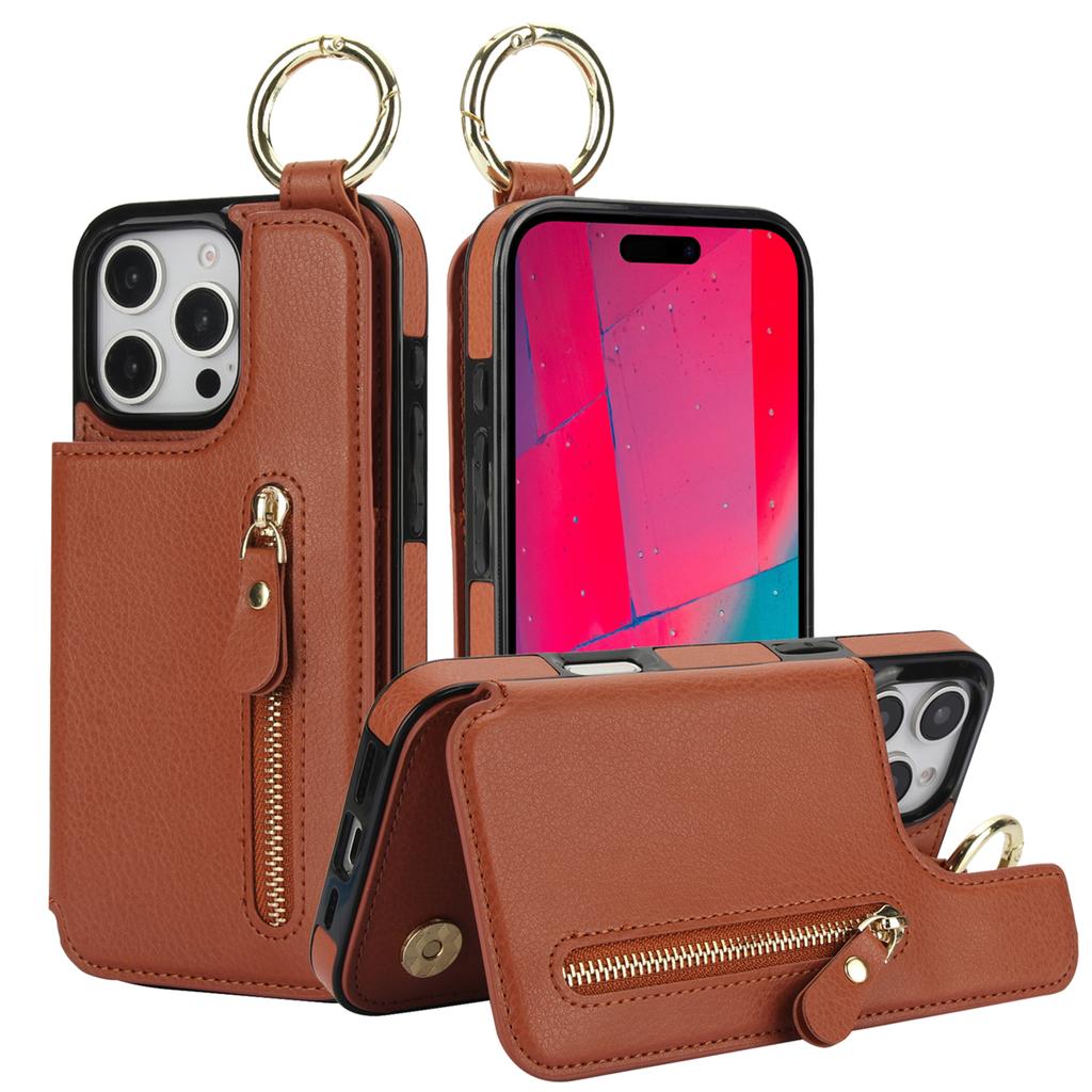 Zipper Wallet with Card Holder Ring Leather Phone Case for iPhone 16 15 14 11 Pro Max XS XR 7 8 Plus 13 12 Mini Protective Cover