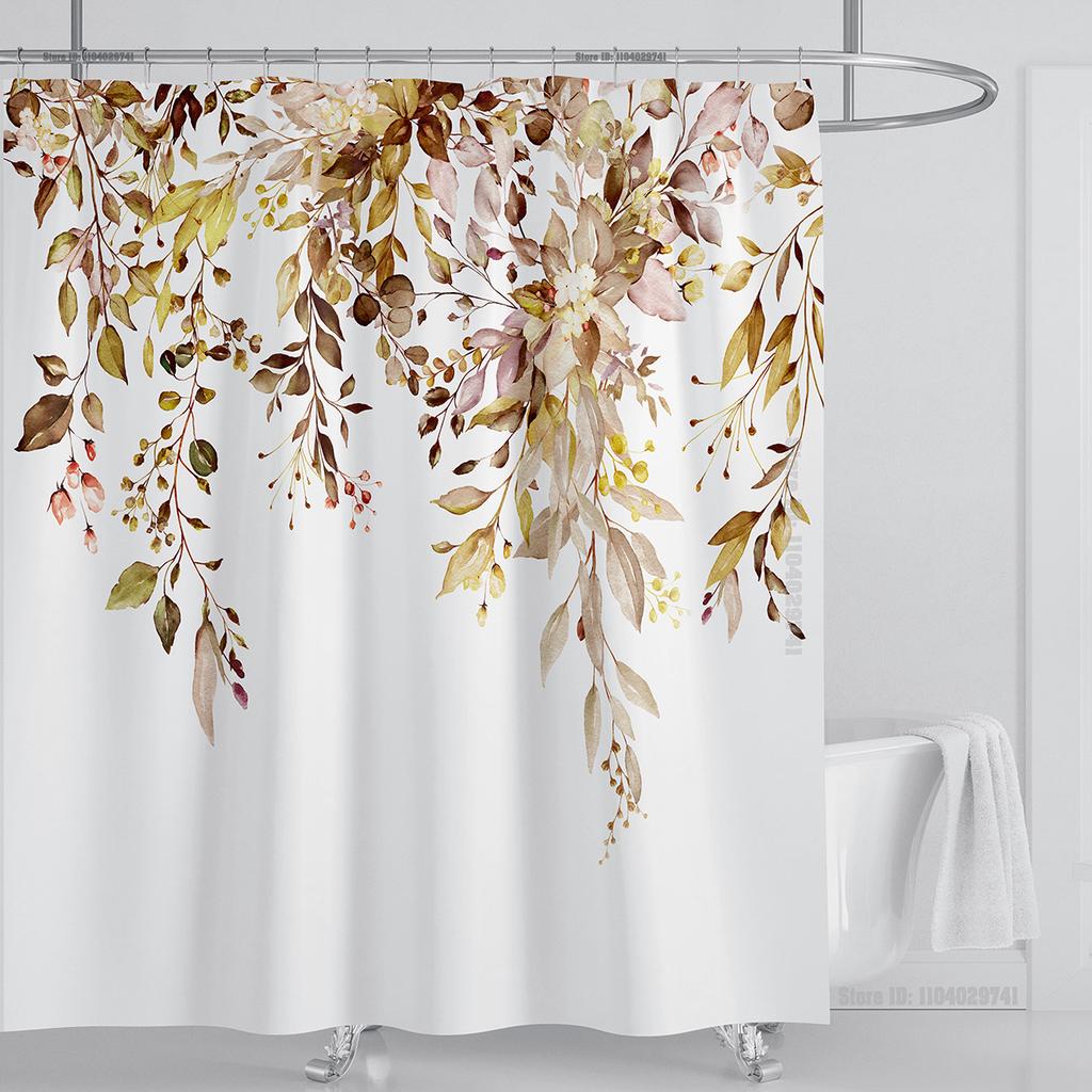 Emerald Green Eucalyptus Shower Curtain Fabric, Watercolor Plant Leaves with Floral Bathroom Shower Curtain Set with Hooks