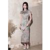 Satin printed national style new Chinese long cheongsam spring and summer new improved fashion slim and thin dress