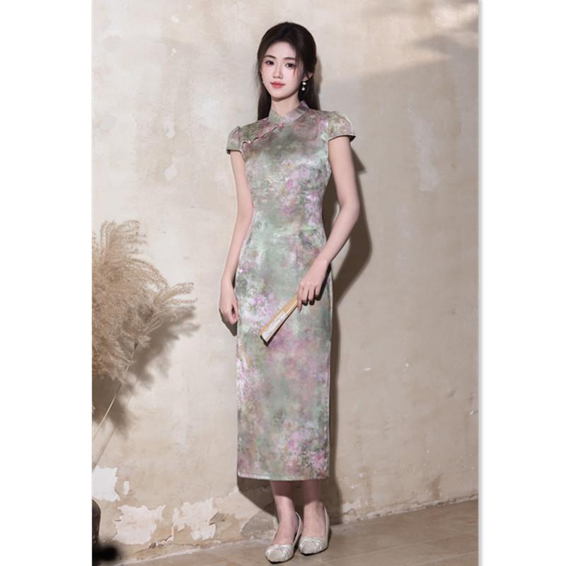 Satin printed national style new Chinese long cheongsam spring and summer new improved fashion slim and thin dress