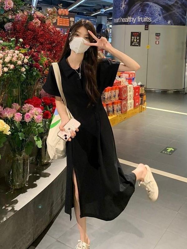 Polo Collar Split-ended Dress for Women's Summer Niche Design Sense, Waist and Thin Medium and Long French Short-sleeved A-shaped Skirt