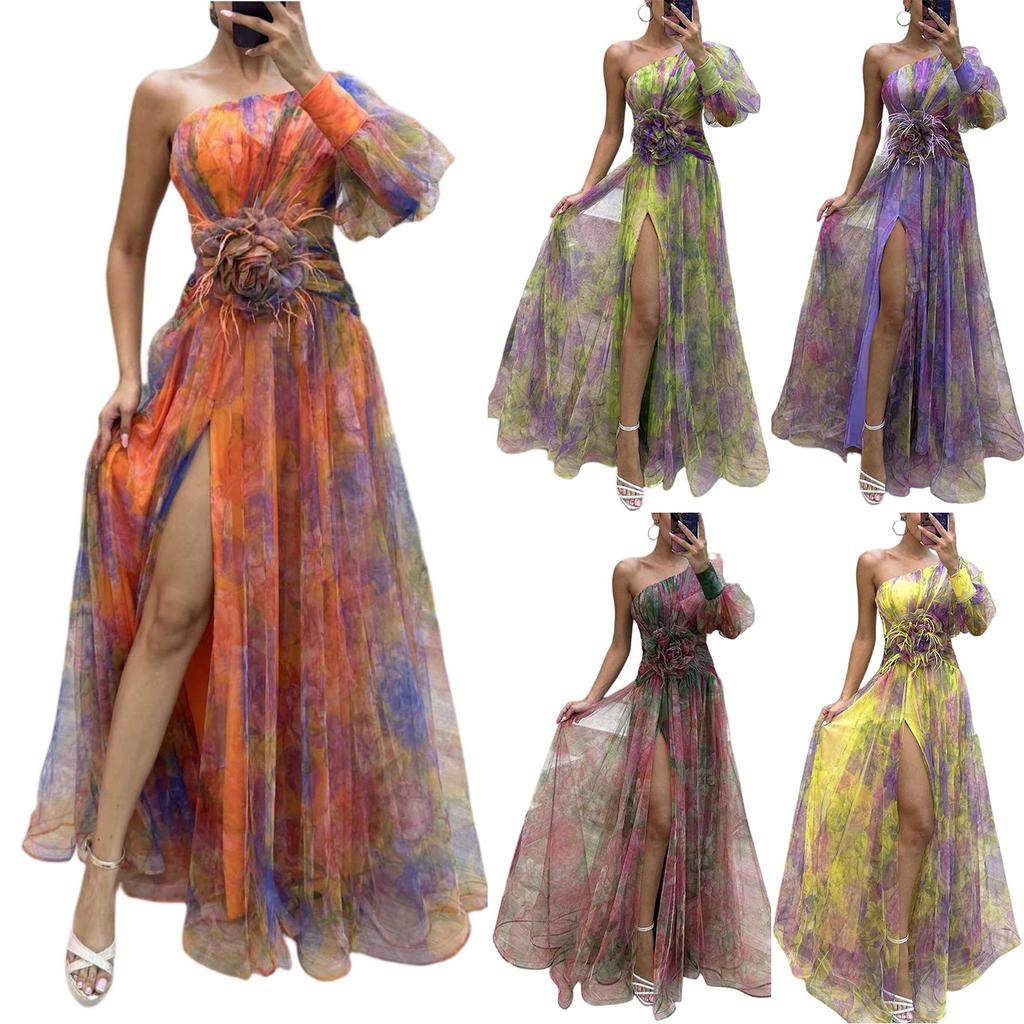 Women's Summer Dress Slanted Shoulder Mesh Printed Suspender Holiday Casual Party Dress