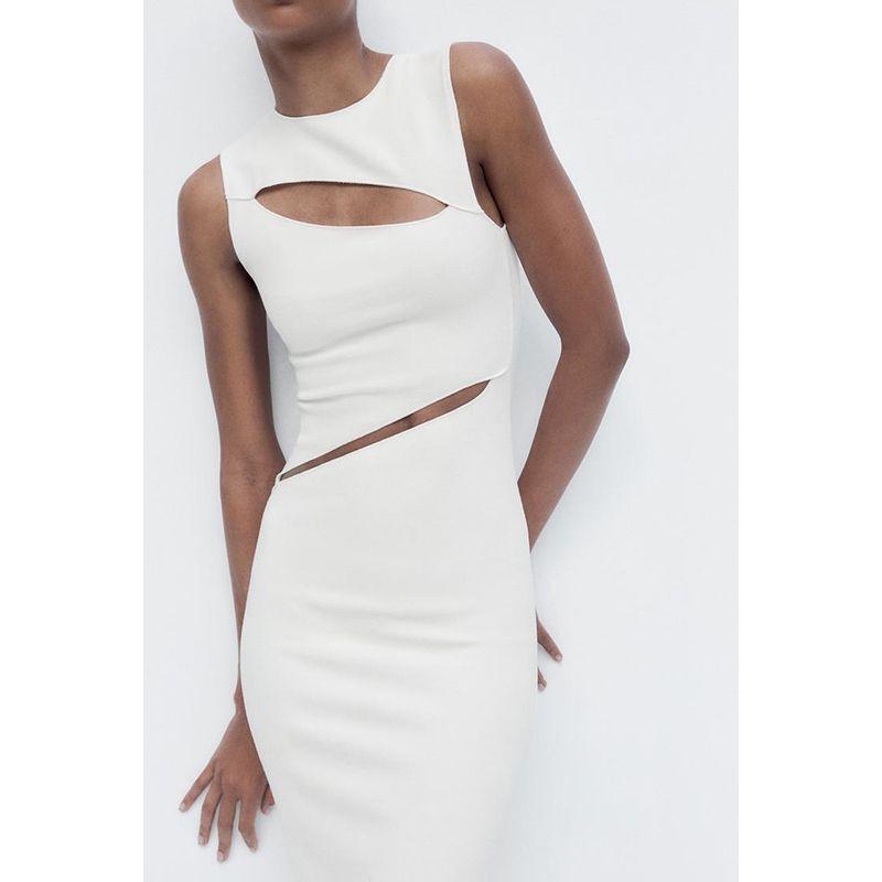 Spring and Summer New Women's Clothing Round Neck Sleeveless Open Design Stretch Work Clothing Midi Skirt Dress 5584370