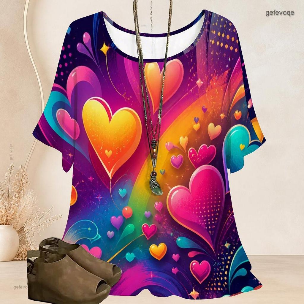 Women Plus Size Loose Batwing Sleeve Top Round Neck Colorful Heart Print Casual Short Sleeve Tunic Blouse