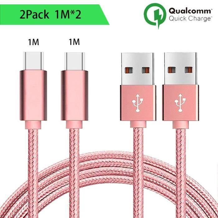 Câble USB Type C - Nylon - Lot de 2 - 1M - Rose - Compatible smartphones
