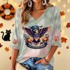 Women's Casual V-Neck Three-Quarter Sleeve Halloween Print Top