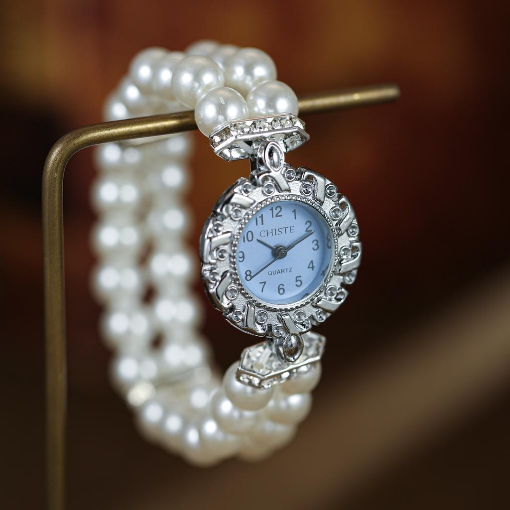 Vintage Double-row Pearl Elastic Strap Watch Kids Arabic Digital Dial Ladies Fashion Students Quartz Watches Girls Wristwatch