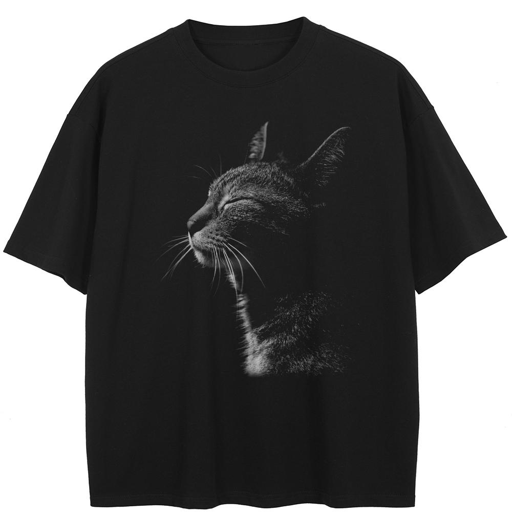 

Футболка с рисунком кота в уличном стиле, черная футболка из хлопка, стираная, унисекс, топы, футболки, летняя футболка с короткими рукавами S