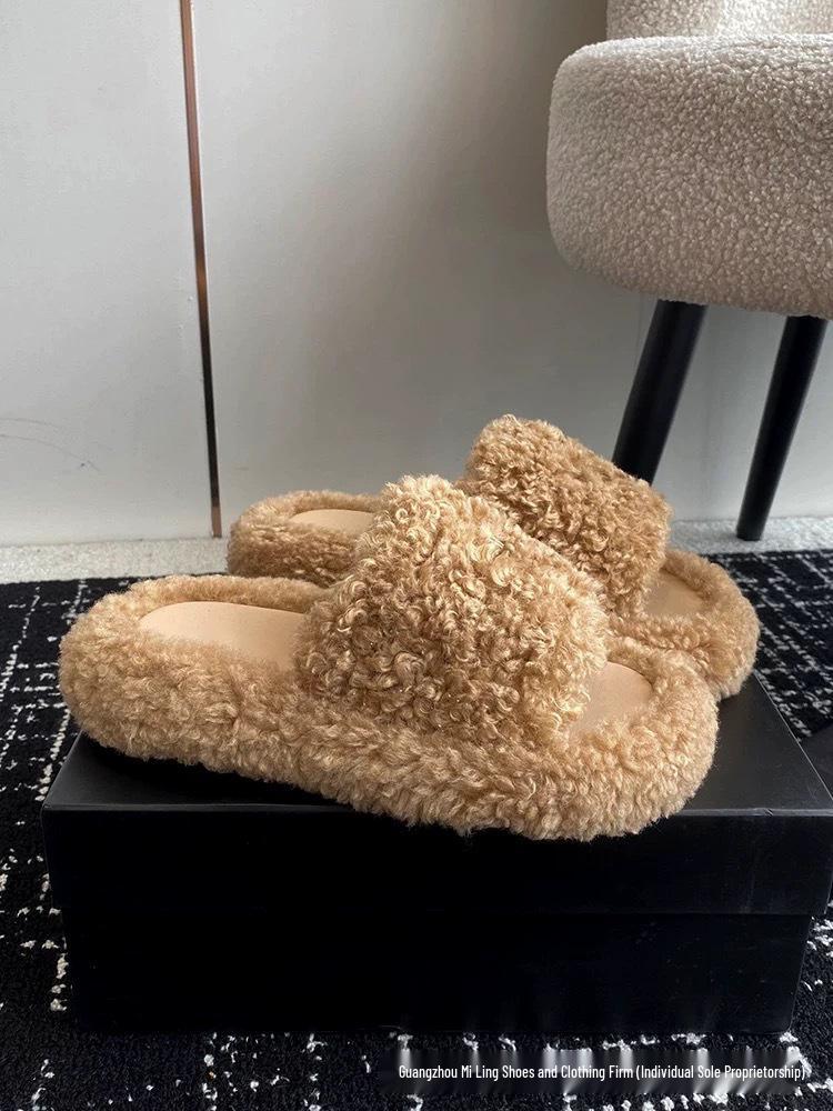 2024 High-Version SMF-K Fur Slippers: Thick-Soled Leather & Velvet Cross Design in Black/Gray