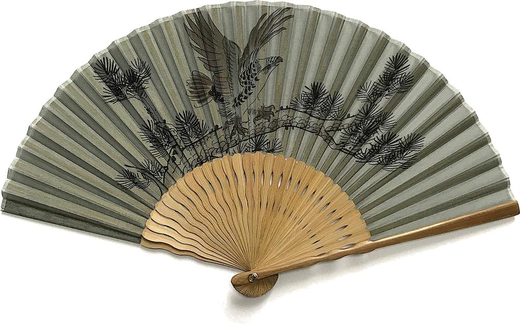 Hanakanzashi Silk Fan with Hawk and Old Pine Japanese 22cm Men's Design, Sumi-e (Ink Painting) Pattern, Gray,