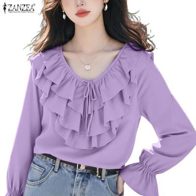 Blusa Feminina Babados Decote V Solta Casual Manga Longa