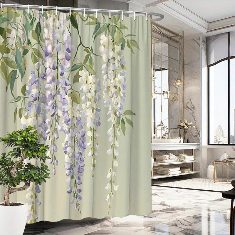 Wisteria Floral Shower Curtain - Lavender Purple & Green Leaves, Soft Green Polyester, 12 Hooks, 70.8x70.8 Inches, Modern Decor