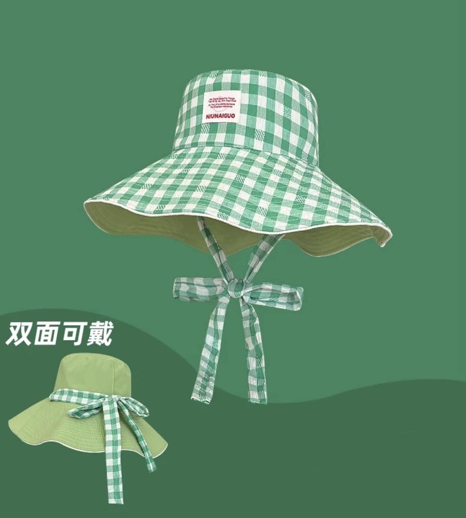 Sweet Plaid Strappy Bucket Hat Korean Version Ins Big Brim Sun Hat Children Fresh and Versatile Double-sided Can Be Worn