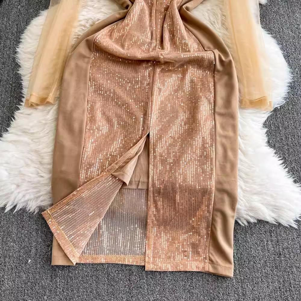 2025 neue Frühjahr Sommer Frauen High-End-Party Mode O Neck Shiny Diamanten Langarm Schlank Lange Party Casual Kleider