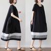 Women's Square Neck Short Sleeve Midi Dress Loose Fit Empire Waist Vintage Color Block Striped Linen Casual Dress
