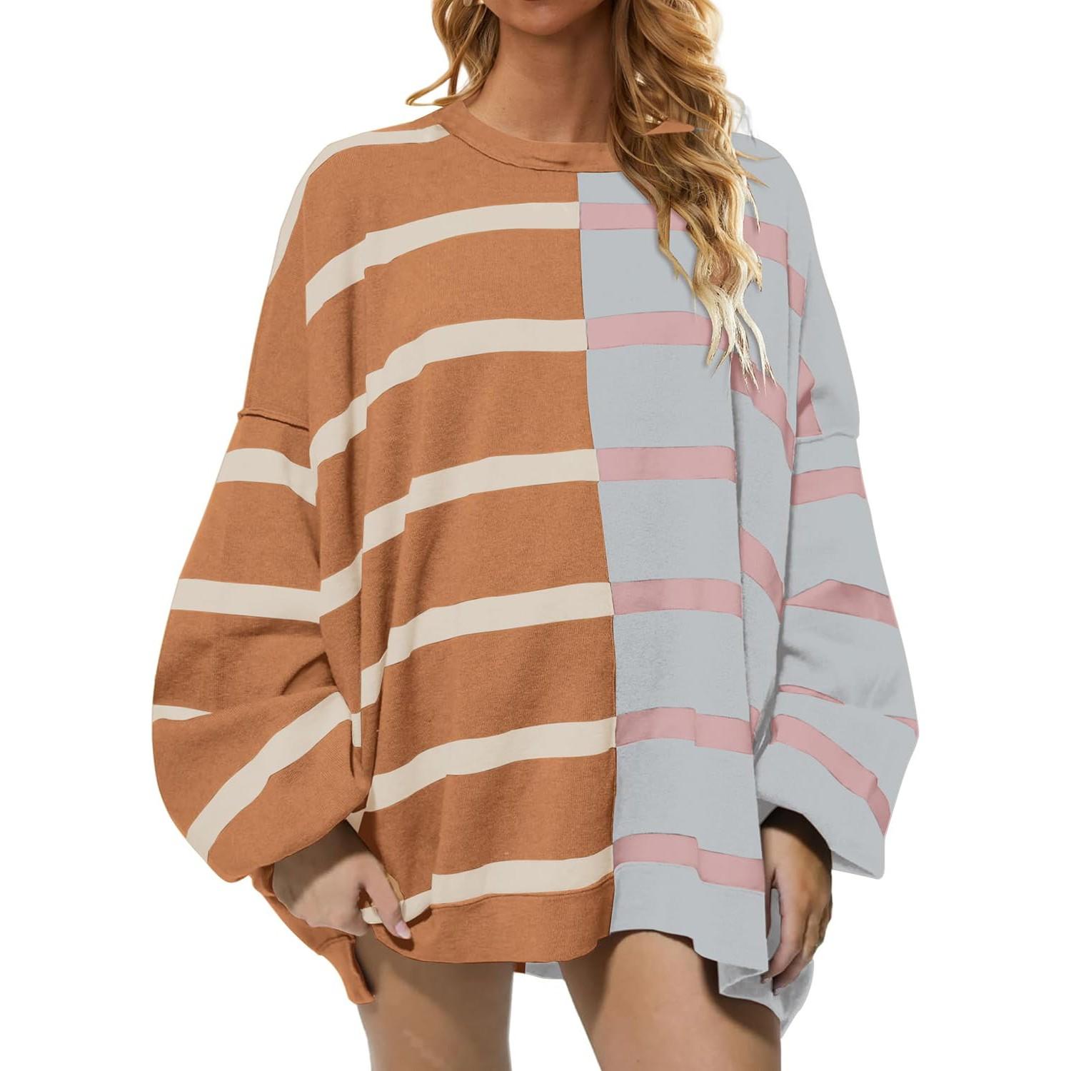 

Женская мода круглый вырез с длинным рукавом толстовка в полоску в стиле пэчворк с принтом повседневный топ S серый