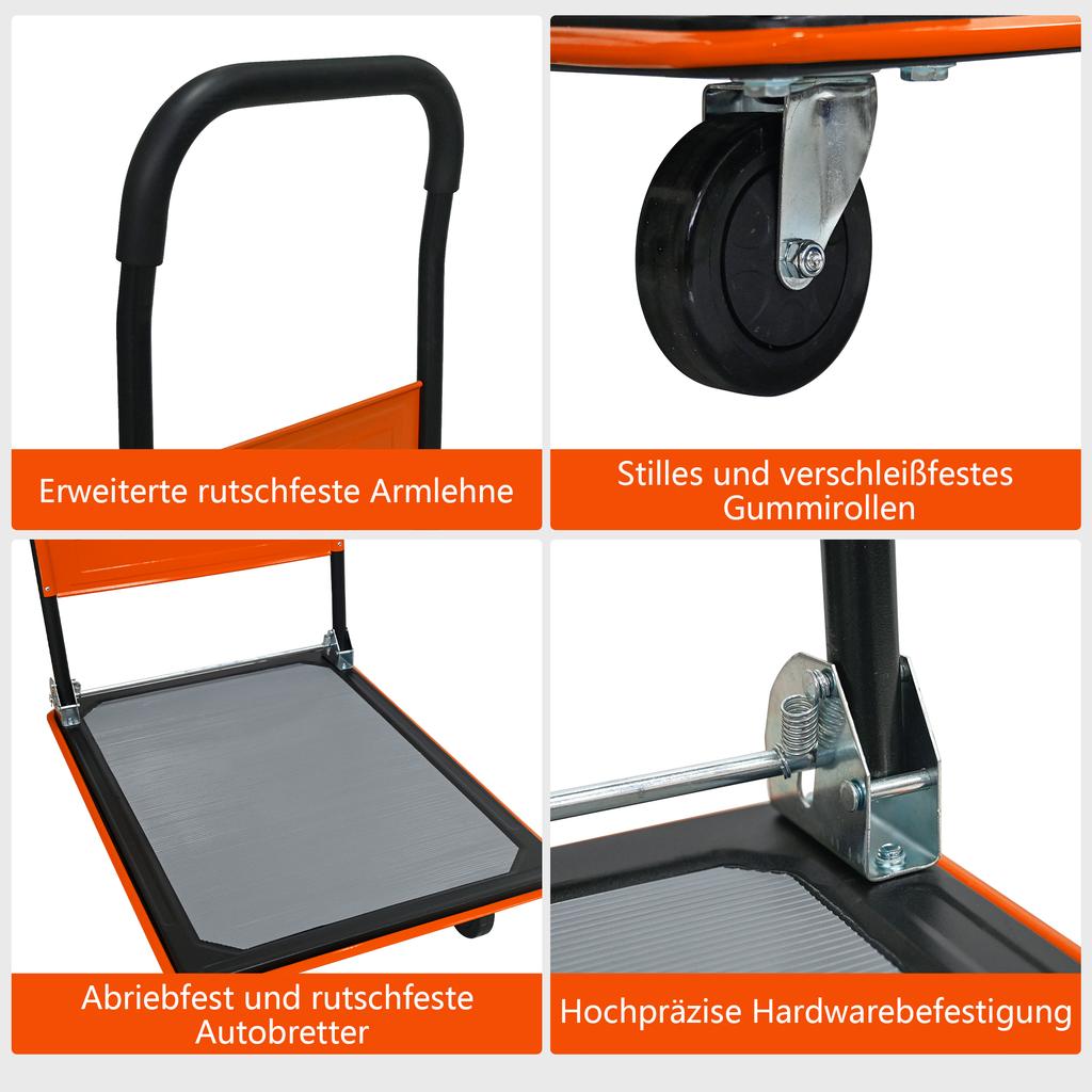 Platform Cart, 330 Pound Load Capacity Platform Hand Cart, 360-Degree Swivel Casters, Foldable for Loading and Storage, Warehouse - Orange