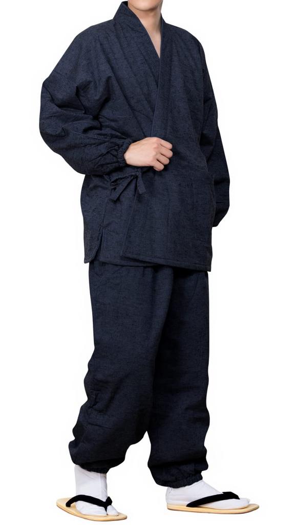 Kyoetsu Men's Winter Samue, Padded, Tsumugi-Style Fabric with Fleece Lining, Size 16 (LL, Navy)