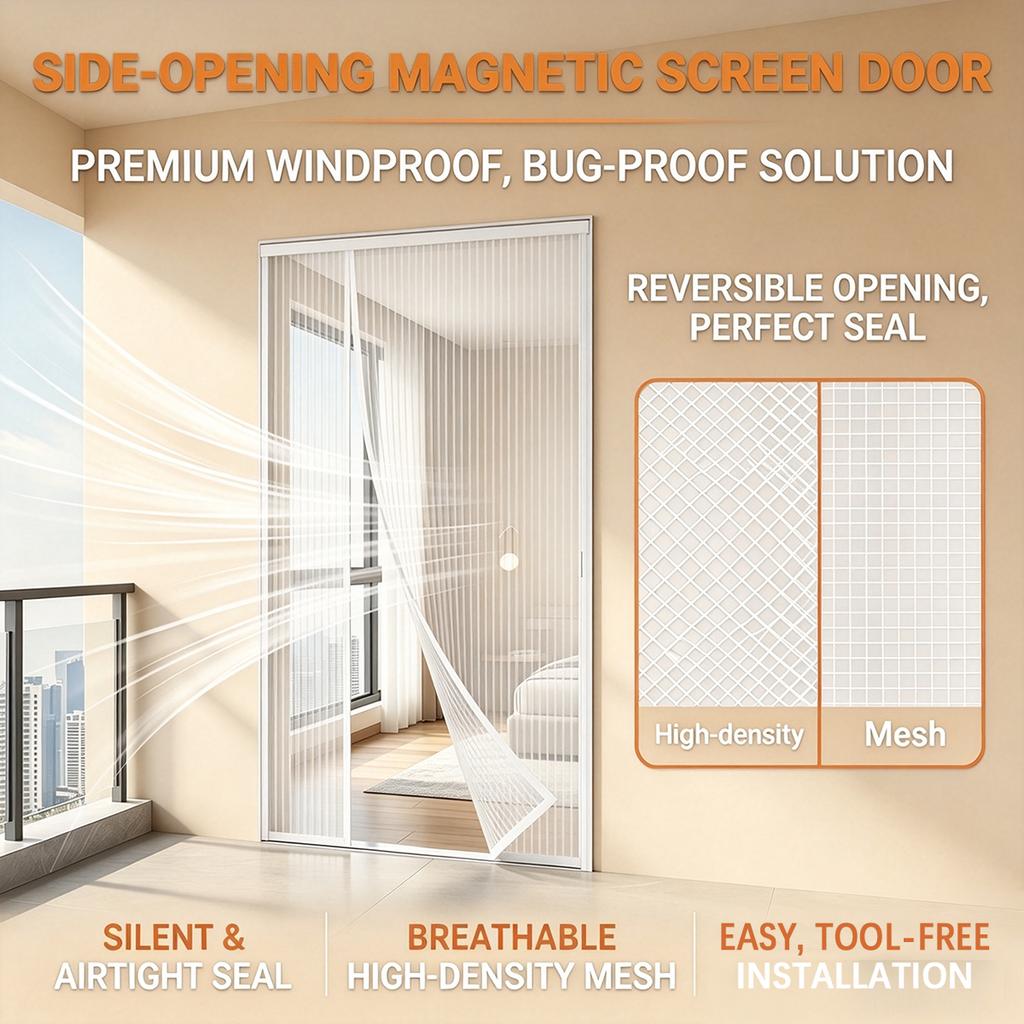 Magnetic Screen Door, Side-Opening Double-Sided Magnetic Screen Door, Insect Screen, Polyester Mesh, High-Density Breathable Screen—White