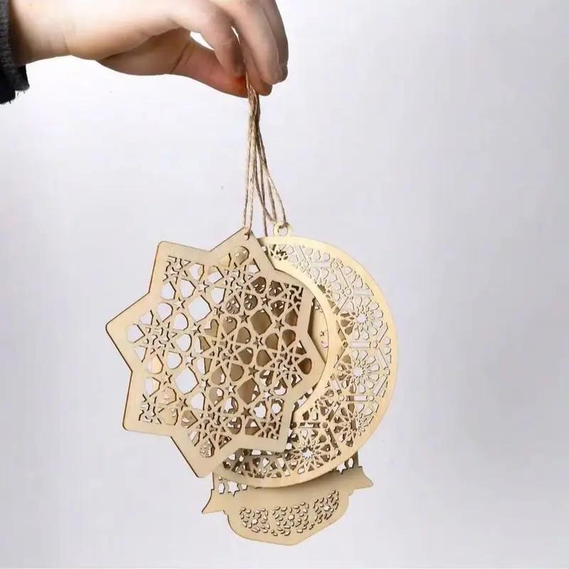3 PCS Ramadan Hollow Wooden Pendant - Moon Star Wind Light Shape Ornament, Happy Eid Hanging Sign, Festival Decoration