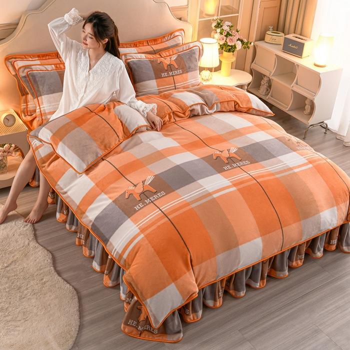 Thickened Milk Fleece Four-Piece Warm Double-Sided Coral Fleece Quilt Cover Flannel Sheet Bed Skirt Bedding
