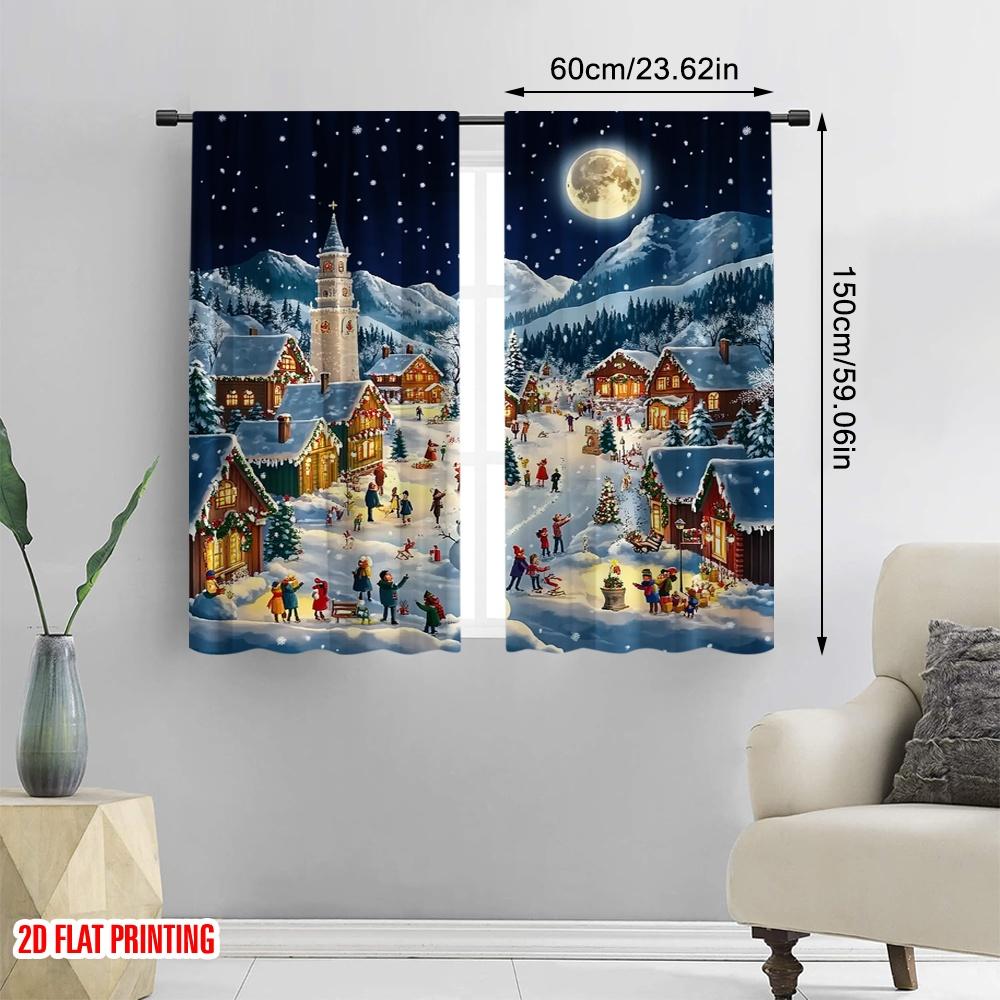 2pcs 2D flat printing Merry Christmas Curtain Cartoon villages and cedar trees 100% Polyester Without Electricity Birthday Party