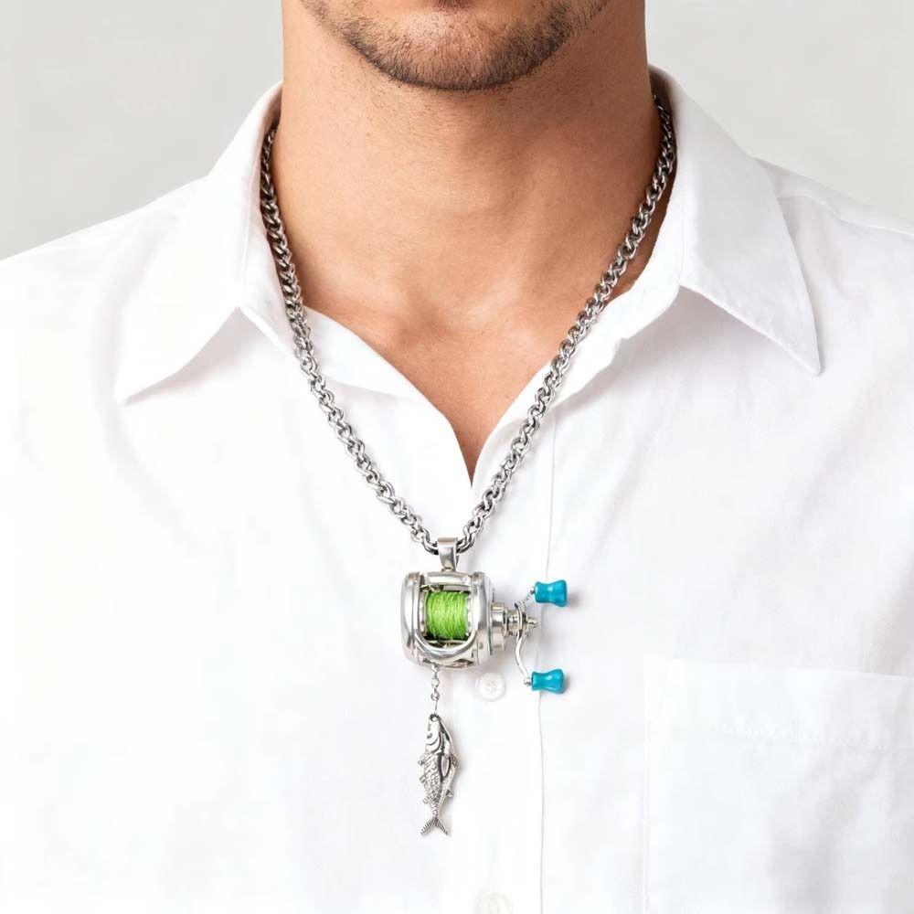 Rotatable Fishing Reel Necklace Luxury Men Neck Pendant Neck Chain Fishing Reel Ring  Fishermen
