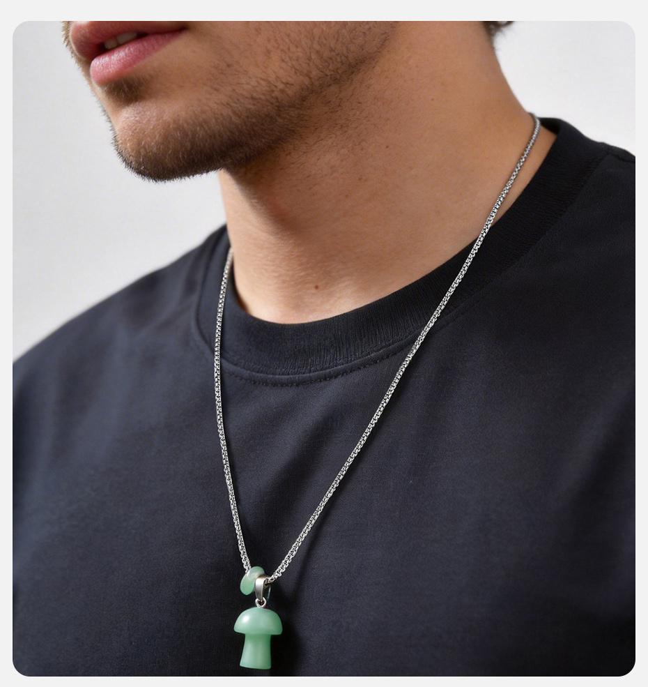 Vnox Natural Stone Mushroom Circle Pendant Necklace, Tiger Eye Black Onyx Stone Stainless Steel Adjustable Chain for Men Women