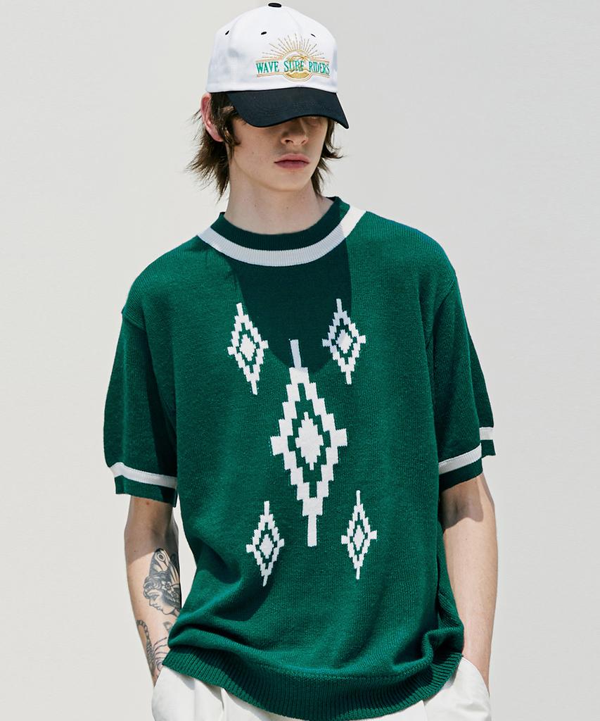 KND Navajo Pattern Loose Fit Ringer Half Knit Peacock Green