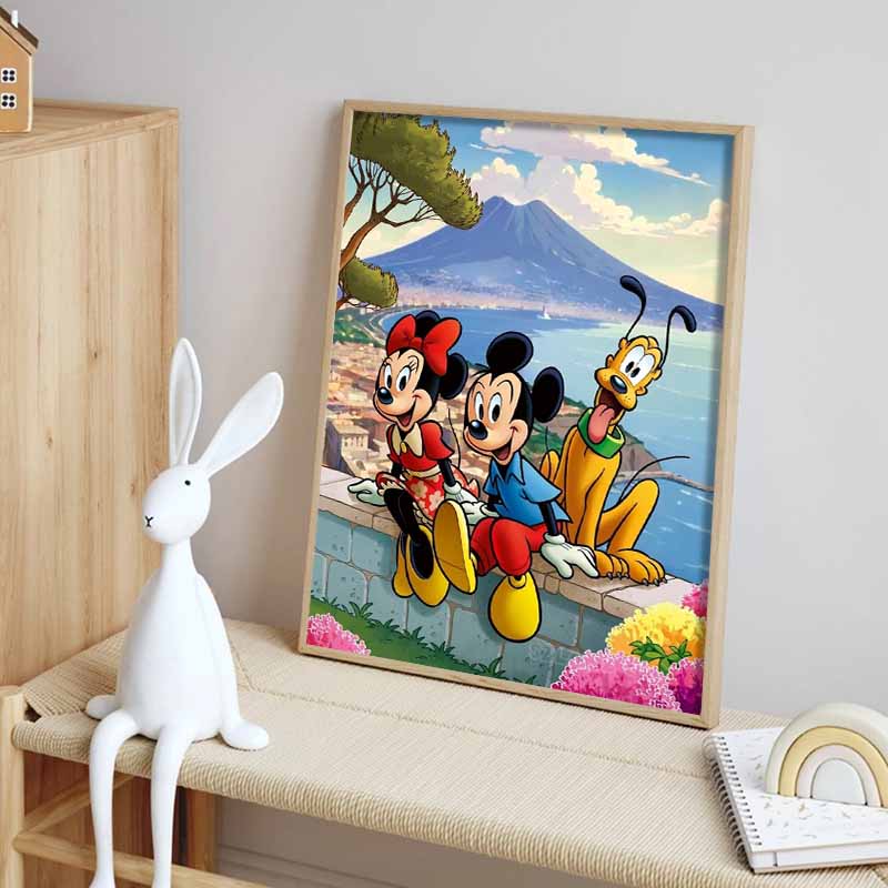 Disney Diamond Painting Mickey Minnie and Pluto Naples Travel Illustration Wall Decoration Full Diamond Cross stitch DIY Gift, Home Decoration