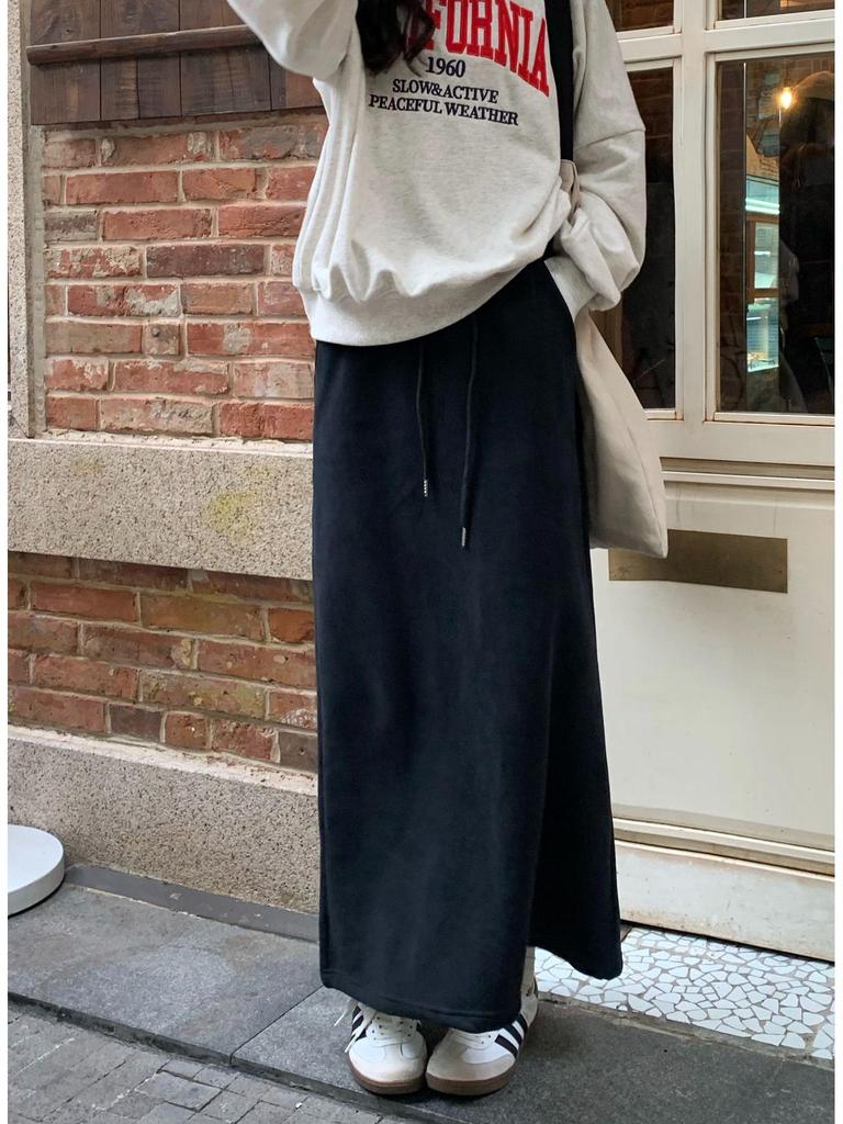 Korean Fluffy High Waist A-Line Skirt: Autumn/Winter Women's Casual Fashion with Drawstring Elastic Waist and Slit